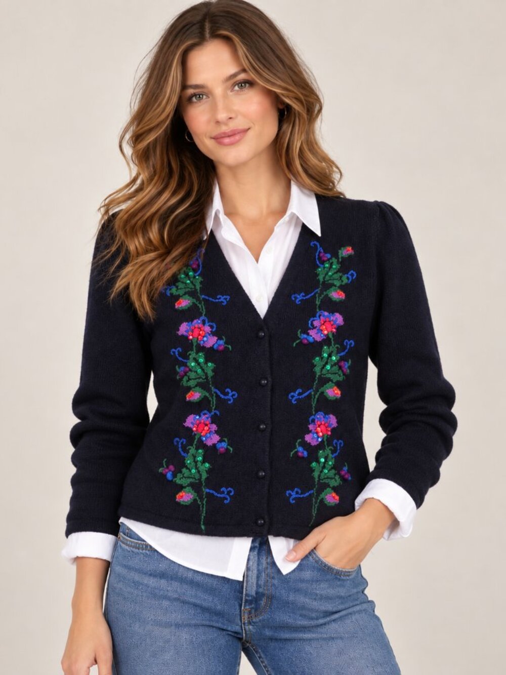Vintage Susan Bristol Hand Embroidered Pure Virgin Wool Cardigan Size L Navy